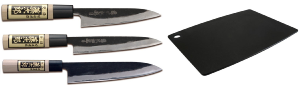 SET DE 3 COUTEAUX JAPONAIS TOJIRO YASUKI SHIROGAMI "FORME EUROPÉENNE" ET PLANCHE