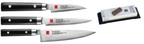 Set de 3 couteau japonais Kasumi damas forme européenne et pierre