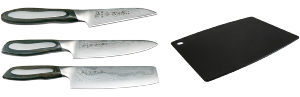 SET DE 3 COUTEAUX JAPONAIS TOJIRO FLASH "FORME VÉGAN" ET PLANCHE À DÉCOUPER