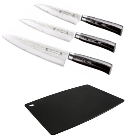 Set de 3 couteaux de cuisine japonais Tamahagane Hammered "forme européenne" et planche