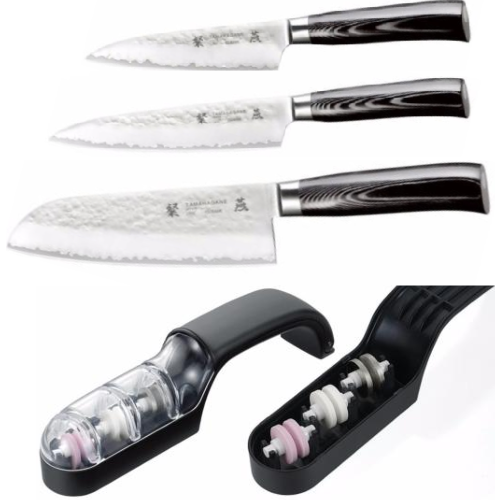 Set de 3 couteaux de cuisine Japonais Tamahagane Hammered" Forme Japonaise " et affuteur