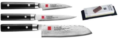 Set de 3 couteaux japonais Kasumi damas forme japonaise et pierre