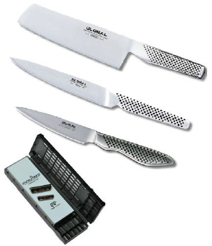 Set de 3 couteaux japonais Series forme vegan + pierre à aiguiser Global