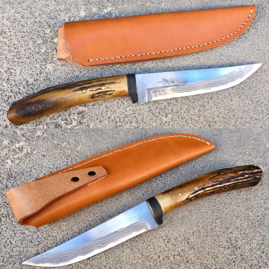 Couteau de chasse japonais artisanal bois de cerf Damas