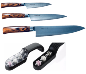 Set de 3 couteaux japonais Tamahagane San - forme européenne + affûteur manuel Tamahagane