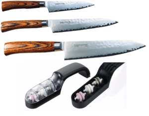 Set de 3 couteaux de cuisine japonais Tamahagane Tsubame pakkawood "forme européenne" et affûteur
