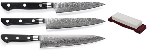 SET DE 3 COUTEAUX JAPONAIS TOJIRO DAMASCUS PRO SGPS "FORME EUROPÉENNE" ET PIERRE