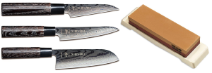 SET DE 3 COUTEAUX JAPONAIS TOJIRO SHIPPU BLACK "FORME JAPONAISE" ET PIERRE