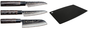 SET DE 3 COUTEAUX JAPONAIS TOJIRO SHIPPU BLACK "FORME JAPONAISE" ET PLANCHE