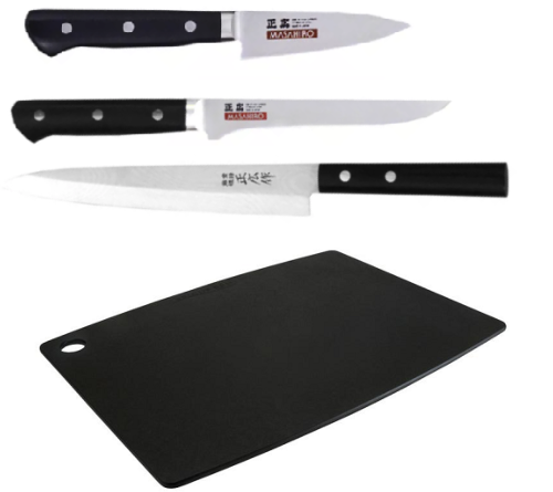Set de 3 couteaux japonais Chroma Masahiro "Spécial Poisson" Gaucher et planche