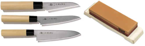Set de 3 couteaux japonais Tojiro Zen forme européenne + pierre à aiguiser Tojiro