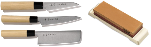 Set de 3 couteaux japonais Tojiro Zen forme vegan + pierre à aiguiser Tojiro