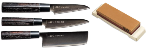 Set de 3 couteaux japonais Zen Black Tojiro forme vegan + pierre à aiguiser Tojiro