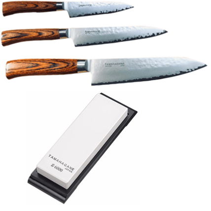 Set de 3 couteaux de cuisine japonais Tamahagane Tsubame pakkawood "forme européenne" et pierre