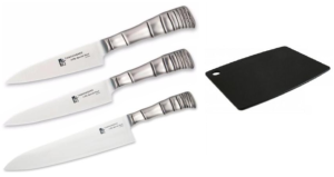 SET 3 COUTEAUX JAPONAIS TAMAHAGANE GAMME BAMBOO 3PLY "FORME EUROPÉENNE" ET PLANCHE