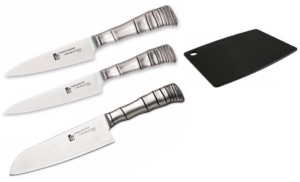 SET 3 COUTEAUX JAPONAIS TAMAHAGANE GAMME BAMBOO 3PLY "FORME JAPONAISE" ET PLANCHE
