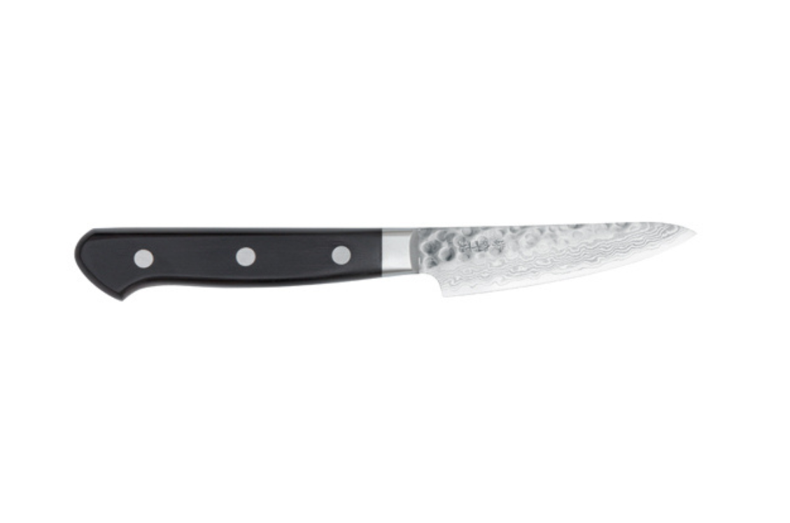 Couteau japonais artisanal Musakichi VG10 Damas Pakka-wood noir - Couteau d'office 8,5 cm
