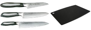 SET DE 3 COUTEAUX JAPONAIS TOJIRO FLASH "FORME EUROPÉENNE" ET PLANCHE À DÉCOUPER