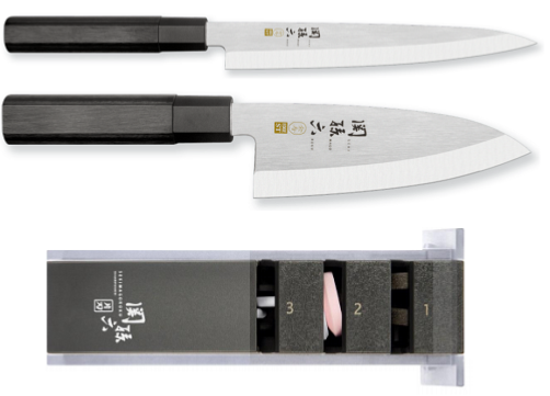 Set de 2 couteaux Kai Seki Magoroku Kinju poisson + affûteur (droitier)