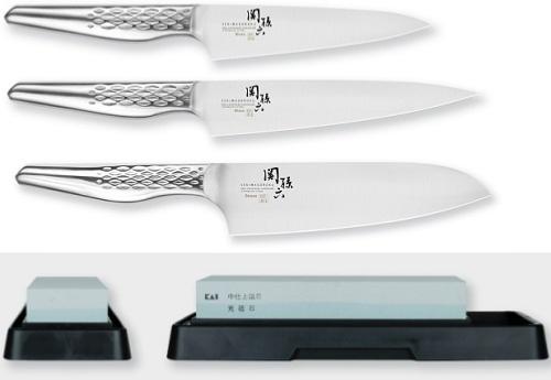 Set de 3 couteaux japonais Kai Seki Magoroku Shoso - Forme japonaise + pierre à aiguiser Kai