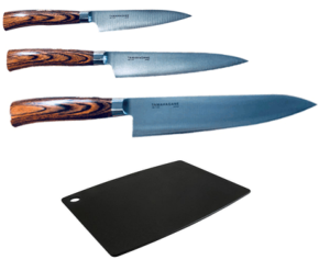 Set de 3 couteaux de cuisine japonais Tamahagane gamme San "forme européenne" et planche