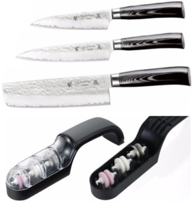 Set de 3 couteaux japonais Tamahagane Tsubame Hammered - Forme vegan + affûteur manuel Tamahagane